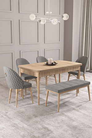 Calvin Meşe Desen 80x132 MDF Açılabilir Mutfak Masası Takımı 4 Sandalye, 1 Bench