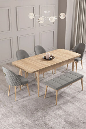 Calvin Meşe Desen 80x132 MDF Açılabilir Mutfak Masası Takımı 4 Sandalye, 1 Bench