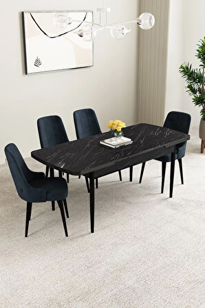 Calvin Siyah Mermer Desen 80x132 MDF Açılabilir Mutfak Masası Takımı 4 Sandalye, 1 Bench