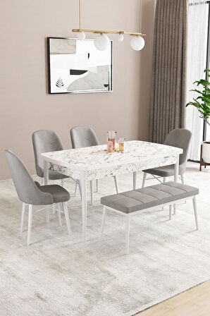 Fonza Beyaz Mermer Desen 80x132 MDF Açılabilir Mutfak Masası Takımı 4 Sandalye , 1 Bench