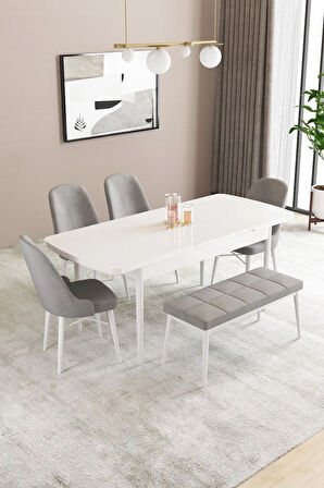 Fonza Beyaz 80x132 MDF Açılabilir Mutfak Masası Takımı 4 Sandalye , 1 Bench