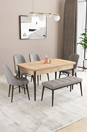 Fonza Meşe Desen 80x132 MDF Açılabilir Mutfak Masası Takımı 4 Sandalye , 1 Bench