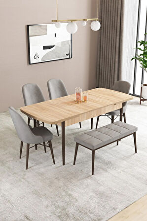 Fonza Meşe Desen 80x132 MDF Açılabilir Mutfak Masası Takımı 4 Sandalye , 1 Bench