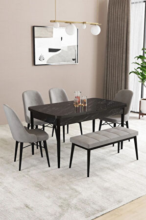 Fonza Siyah Mermer Desen 80x132 MDF Açılabilir Mutfak Masası Takımı 4 Sandalye , 1 Bench