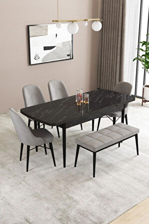 Fonza Siyah Mermer Desen 80x132 MDF Açılabilir Mutfak Masası Takımı 4 Sandalye , 1 Bench