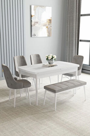 Arvela Beyaz 80x132 MDF Açılabilir Mutfak Masası Takımı 4 Sandalye, 1 Bench