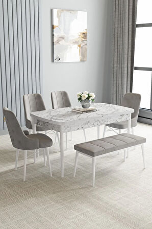 Arvela Beyaz Mermer Desen MDF 80x132 Açılabilir Yemek Odası Takımı 4 Sandalye, 1 Bench