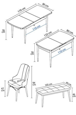 Arvela Beyaz Mermer Desen MDF 80x132 Açılabilir Yemek Odası Takımı 4 Sandalye, 1 Bench