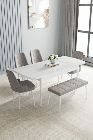 Arvela Beyaz 80x132 Açılabilir Yemek Odası Takımı 4 Sandalye, 1 Bench