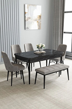 Jusie Siyah Mermer Desen 80x132 Açılabilir Yemek Odası Takımı 4 Sandalye, 1 Bench