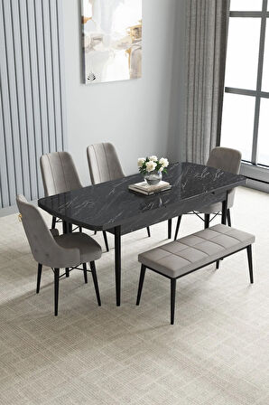 Jusie Siyah Mermer Desen 80x132 Açılabilir Yemek Odası Takımı 4 Sandalye, 1 Bench