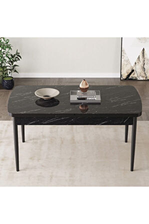 Jusie Siyah Mermer Desen 80x132 Açılabilir Yemek Odası Takımı 4 Sandalye, 1 Bench