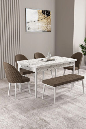 Mabel Beyaz Mermer Desen 80x132 Açılabilir Yemek Odası Takımı 4 Sandalye, 1 Bench