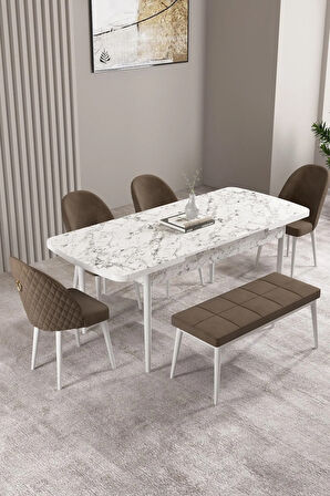 Mabel Beyaz Mermer Desen 80x132 Açılabilir Yemek Odası Takımı 4 Sandalye, 1 Bench
