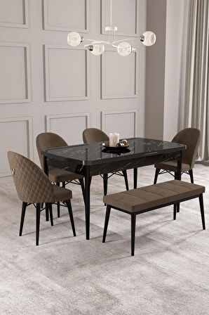 Mabel Siyah Mermer Desen 80x132 Açılabilir Yemek Odası Takımı 4 Sandalye, 1 Bench