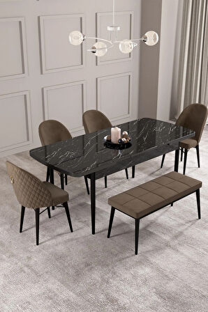 Mabel Siyah Mermer Desen 80x132 Açılabilir Yemek Odası Takımı 4 Sandalye, 1 Bench