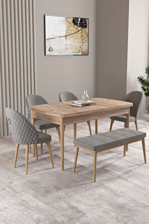 Milas Atlantik Çam 80x132 Açılabilir Mdf Masa Yemek Odası Takımı, Mutfak Takımı 4 Sandalye, 1 Bench
