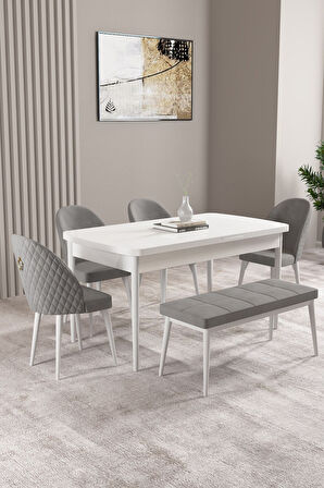 Milas Beyaz 80x132 Açılabilir Mdf Masa Yemek Odası Takımı, Mutfak Takımı 4 Sandalye, 1 Bench