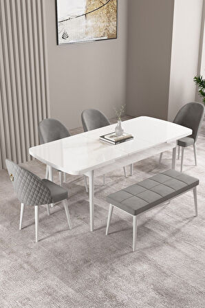 Milas Beyaz 80x132 Açılabilir Mdf Masa Yemek Odası Takımı, Mutfak Takımı 4 Sandalye, 1 Bench