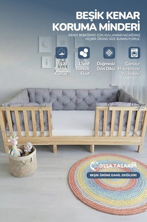 Beşik Kenar Koruma Minderi %100 Pamuk - Montessori Yatak Uyumlu - Gri - Buble Soft