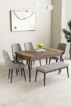 Clara Barok Desen 80x132 Açılabilir Mdf Masa Yemek Odası Takımı,Mutfak Takımı 4 Sandalye 1 Bench