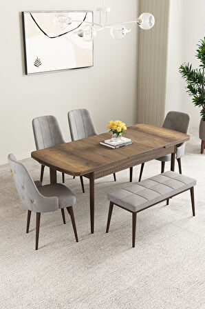 Clara Barok Desen 80x132 Açılabilir Mdf Masa Yemek Odası Takımı,Mutfak Takımı 4 Sandalye 1 Bench