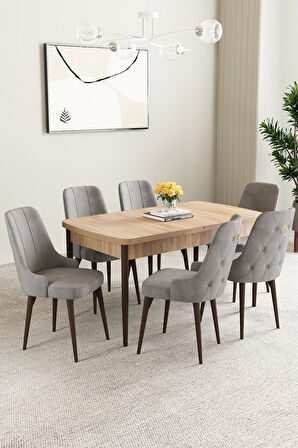 Clara Meşe Desen 80x132 Açılabilir Mdf Masa Yemek Odası Takımı,Mutfak Takımı 6 Adet Sandalye
