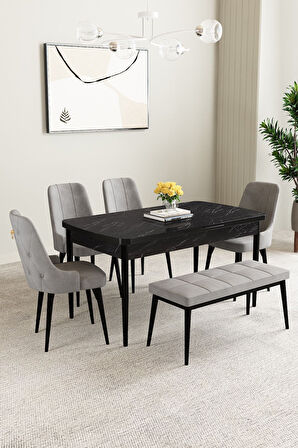 Clara Siyah Mermer 80x132 Açılabilir Mdf Masa Yemek Odası Takımı,Mutfak Takımı 4 Sandalye 1 Bench