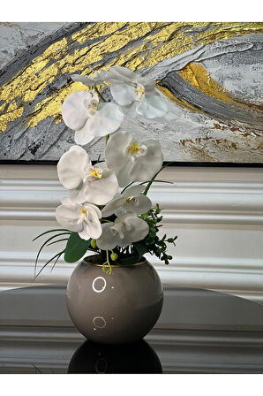 Yapay Orkideli Gri Cam Vazo