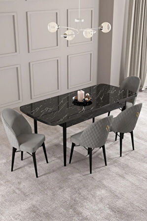 Arya Siyah Mermer Desen 80x132 MDF Açılabilir Mutfak Masası Takımı 4  Sandalye