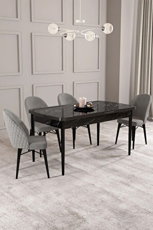 Arya Siyah Mermer Desen 80x132 MDF Açılabilir Yemek Masası Takımı 4  Sandalye
