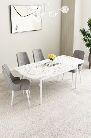 Ashira MDF Beyaz Mermer Desen Açılabilir 80x132 Cm 4 Sandalyeli Mutfak Masası Takımı