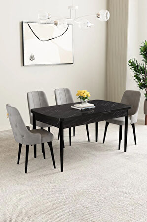 Ashira MDF Siyah Mermer Desen Açılabilir 80x132 Cm 4 Sandalyeli Mutfak Masası Takımı