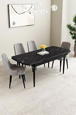 Ashira MDF Siyah Mermer Desen Açılabilir 80x132 Cm 4 Sandalyeli Mutfak Masası Takımı
