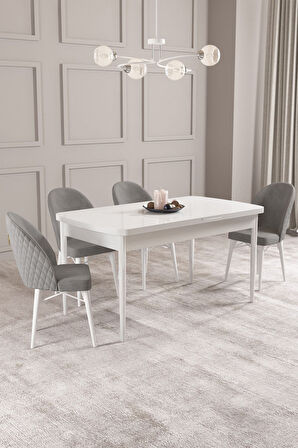 Calvin Beyaz 80x132 Açılabilir Mdf Masa Yemek Odası Takımı, Mutfak Takımı 4 Adet Sandalye