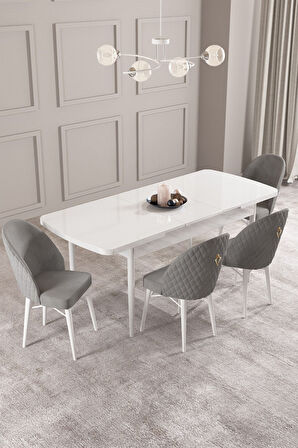 Calvin Beyaz 80x132 Açılabilir Mdf Masa Yemek Odası Takımı, Mutfak Takımı 4 Adet Sandalye