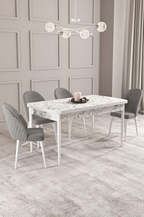Calvin Beyaz Mermer 80x132 Açılabilir Mdf Masa Yemek Odası Takımı, Mutfak Takımı 4 Adet Sandalye