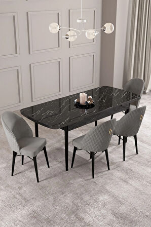 Calvin Siyah Mermer Desen 80x132 MDF Açılabilir Mutfak Masası Takımı 4  Sandalye