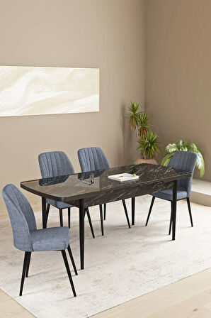 Daisy MDF Siyah Mermer Desen Açılabilir 80x132 Cm 4 Sandalyeli Mutfak Masası Takımı