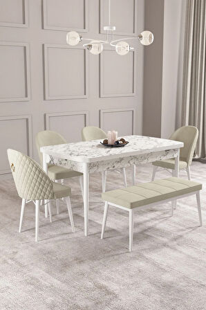Elizya MDF Beyaz Mermer Desen Açılabilir 80x132 Cm 4 Sandalyeli Mutfak Masası Takımı