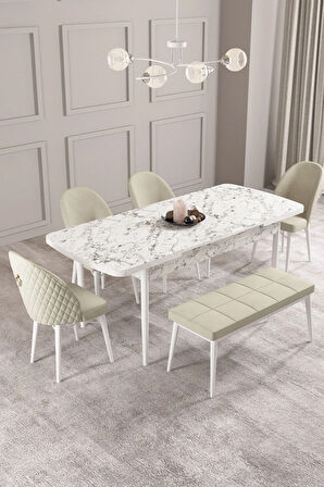 Elizya MDF Beyaz Mermer Desen Açılabilir 80x132 Cm 4 Sandalyeli Mutfak Masası Takımı