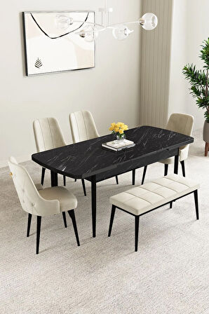 Elizya MDF Meşe Desen Açılabilir 80x132 Cm 4 Sandalyeli Mutfak Masası Takımı