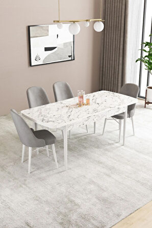 Fonza Beyaz Mermer Desen 80x132 MDF Açılabilir Mutfak Masası Takımı 4  Sandalye