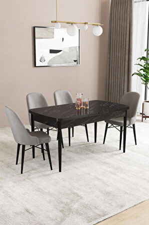 Fonza Siyah Mermer Desen 80x132 MDF Açılabilir Mutfak Masası Takımı 4  Sandalye