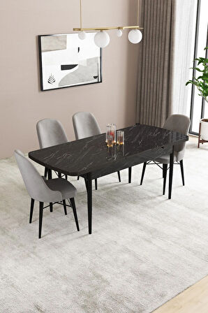 Fonza Siyah Mermer Desen 80x132 MDF Açılabilir Mutfak Masası Takımı 4  Sandalye