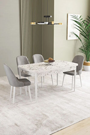 Ikon Beyaz Mermer Desen 80x132 MDF Açılabilir Mutfak Masası Takımı 4  Sandalye