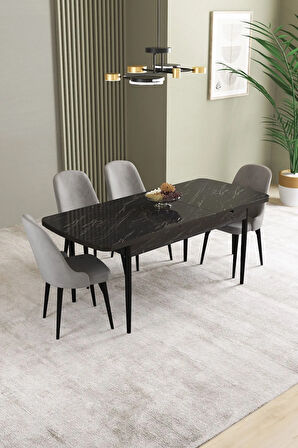 Ikon Siyah Mermer Desen 80x132 MDF Açılabilir Yemek Masası Takımı 4  Sandalye
