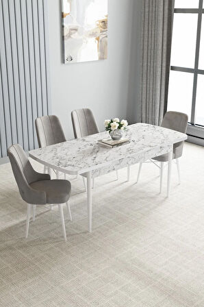 Jusie Beyaz Mermer Desen 80x132 Açılabilir Yemek Odası Takımı 4  Sandalye
