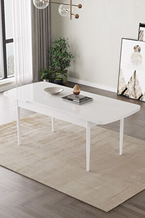 Mabel Beyaz 80x132 Açılabilir Mdf Masa Yemek Odası Takımı, Mutfak Takımı 4 Adet Sandalye