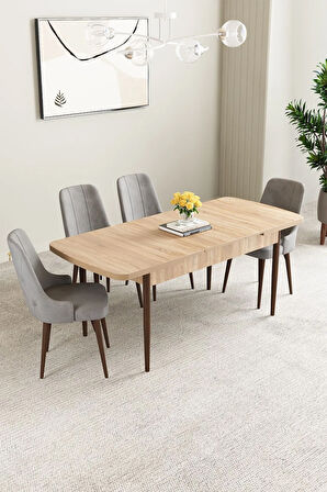 Mabel Meşe Desen 80x132 MDF Açılabilir Mutfak Masası Takımı 4  Sandalye